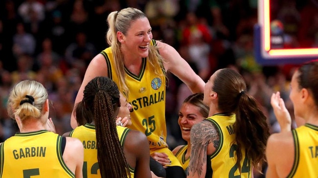 SYDNEY, AUSTRALIA - OCTOBER 01: Lauren Jackson of Australia celebrates with team mates after playing her final Opals game during the 2022 FIBA Women's Basketball World Cup 3rd place match between Canada and Australia at Sydney Superdome, on October 01, 2022, in Sydney, Australia. (Photo by Kelly Defina/Getty Images)