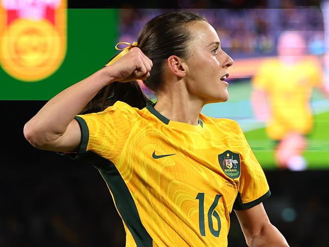 SYDNEY, AUSTRALIA - JUNE 03: Hayley Raso of Australia celebrates scoring a goal during the international friendly match between Australia Matildas and China PR at Accor Stadium on June 03, 2024 in Sydney, Australia. (Photo by Mark Metcalfe/Getty Images)