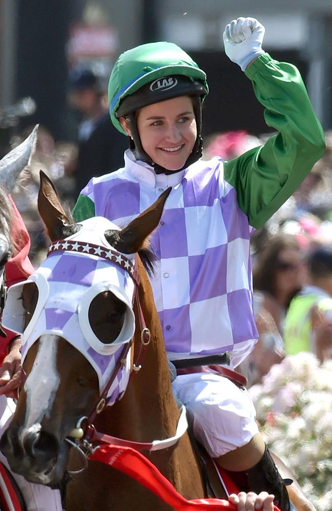 Michelle Payne became the first woman to win the Melbourne Cup, sailing home aboard Prince of Penzance last year. Picture: AFP