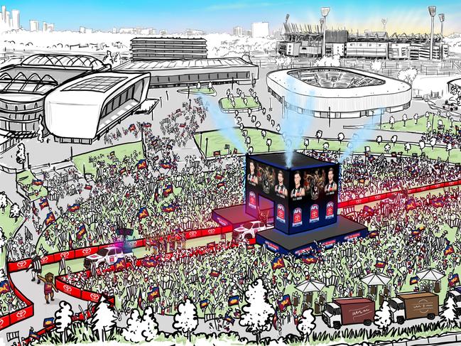 An artist’s impression of the new Grand Final Parade live site in a field outside Melbourne Park.