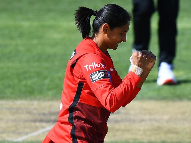 Kaur finished the day with 2-17 and was the most economical of the Renegades’ attack. (Photo by Steve Bell/Getty Images)