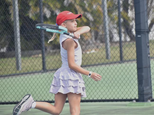 Players on court at the JDS Central Region tournament at the Rockhampton Regional Tennis Centre on July 14, 2024.