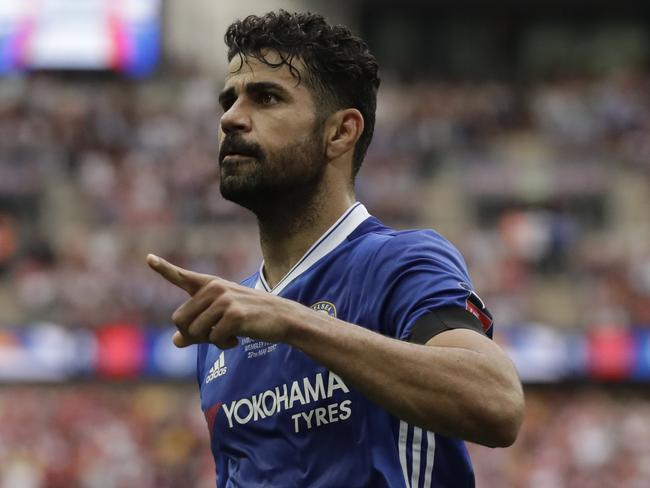 Chelsea's Diego Costa celebrates scoring his team's equalizer during the English FA Cup final soccer match between Arsenal and Chelsea at the Wembley stadium in London, Saturday, May 27, 2017. (AP Photo/Matt Dunham)