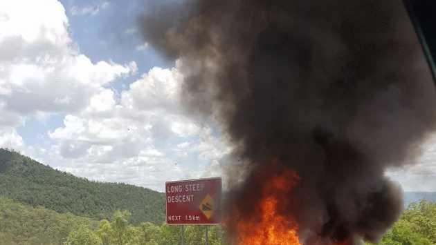 The car on fire on the eastbound lanes of the Warrego Highway on the Toowoomba Range. Picture: 7 News Toowoomba