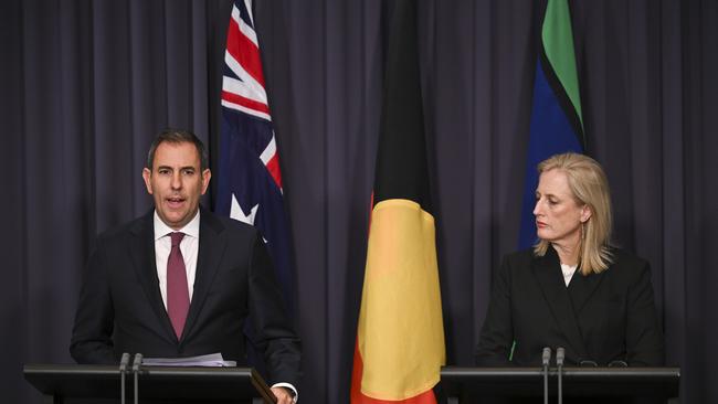 Treasurer Jim Chalmers and Minister for Finance Katy Gallagher release the mid-year Budget update during a press conference at Parliament House in Canberra. Picture: NewsWire / Martin Ollman