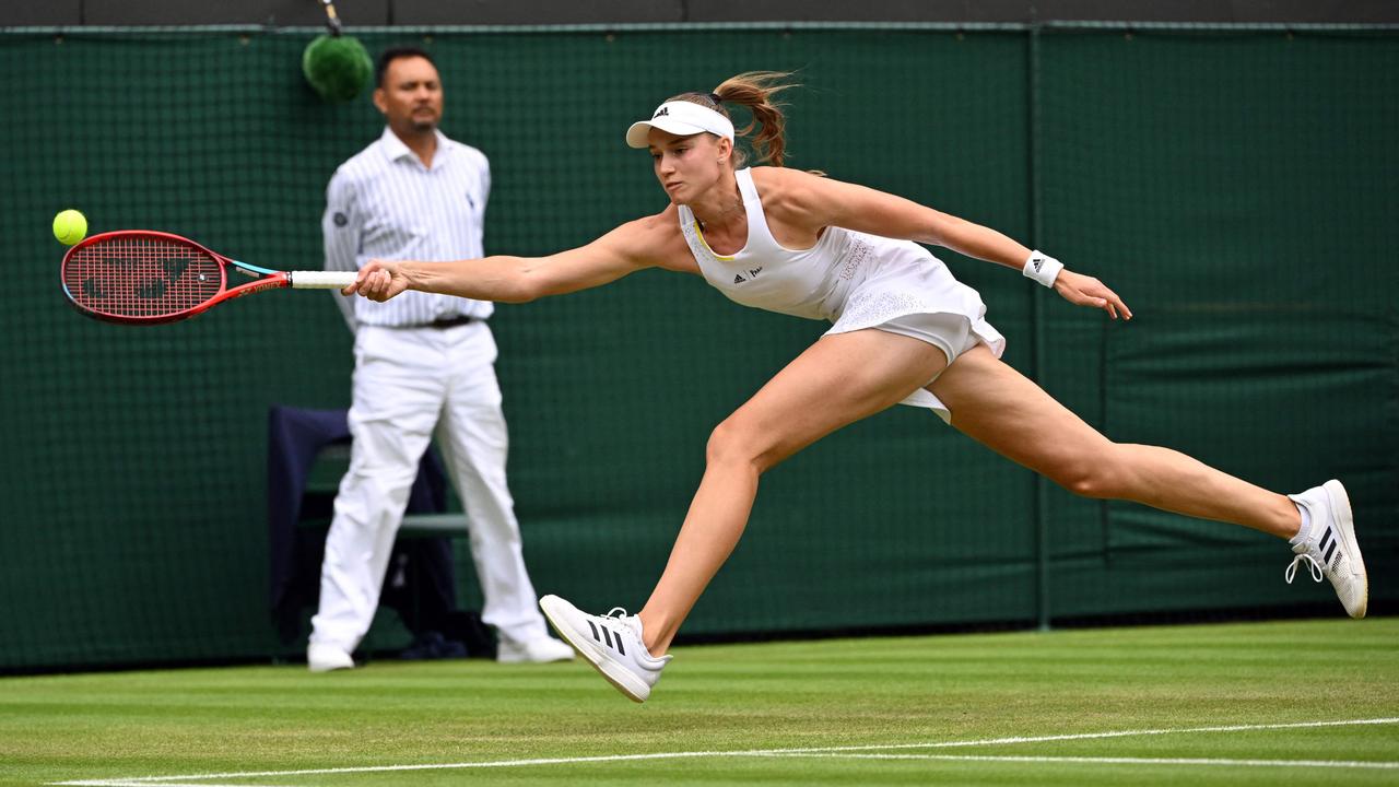 Elena Rybakina shows off the supreme reach that makes her one of the world’s finest tennis players. Picture: AFP