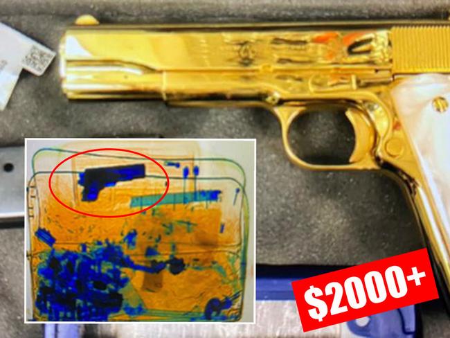 The golden gun was detected in the woman's hand luggage as it was scanned (inset). Pictures: Supplied