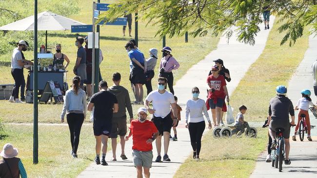 Lots of people exercising along the Kedron Brook Bikeway, Lutwyche. Picture: Liam Kidston