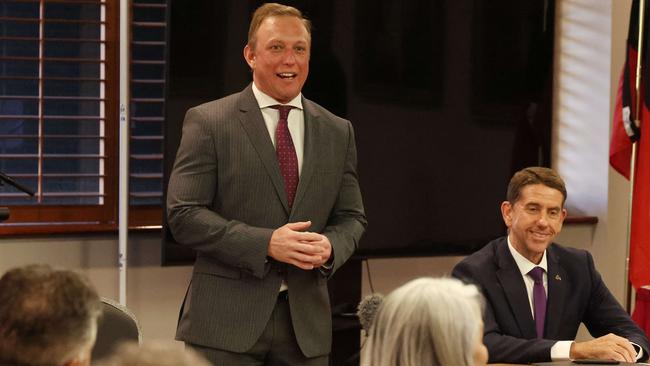 Premier Steven Miles and Deputy Premier Cameron Dick, during Caucus meeting at Parliament House. Picture: Liam Kidston.