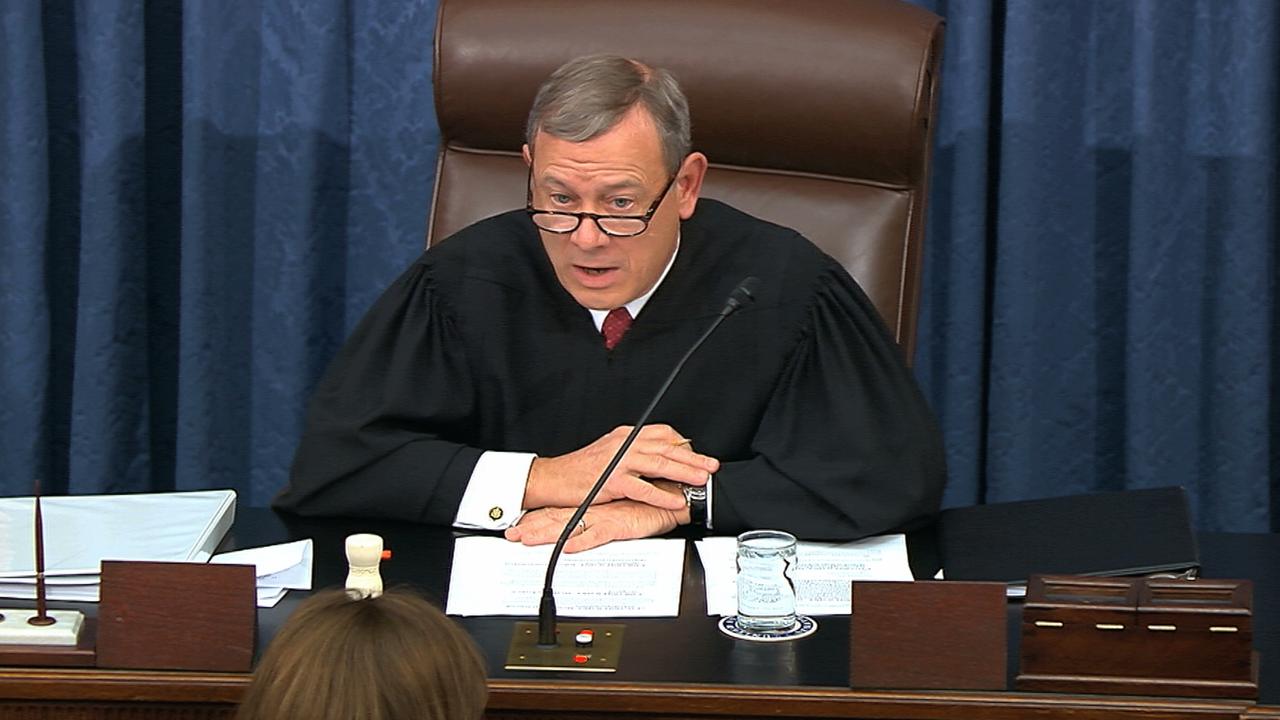 Presiding officer Supreme Court Chief Justice John Roberts speaks during the impeachment trial against President Donald Trump at the US Capitol in Washington, on January 16, 2020. Picture: Senate Television via AP.