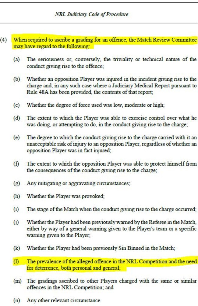 The NRL’s code of procedure showing why Josh McGuire was charged.