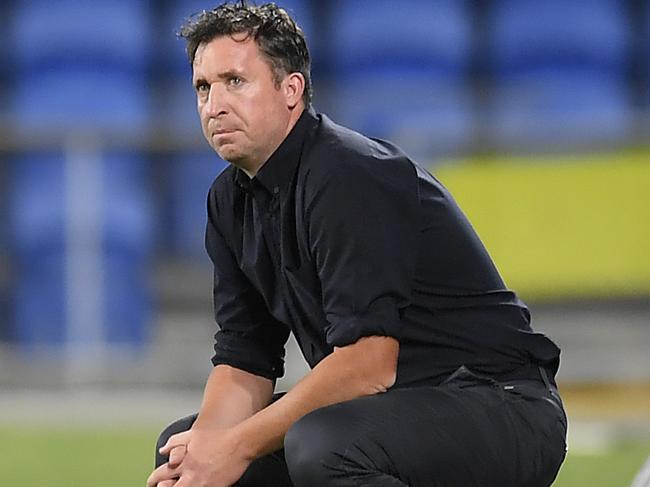 GOLD COAST, AUSTRALIA - MARCH 20: Brisbane Roar coach Robbie Fowler watches on during the round 27 A-League match between the Brisbane Roar and the Newcastle Jets at Cbus Super Stadium on March 20, 2020 in Gold Coast, Australia. (Photo by Albert Perez/Getty Images)