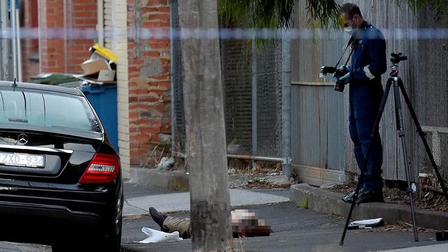 Mr Acquaro’s body on the Brunswick East sidewalk.