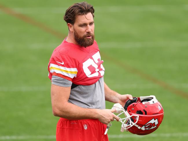 Travis Kelce of the Kansas City Chiefs warms up during a practice ahead of Super Bowl LIX at Tulane University. Picture: Gregory Shamus/Getty Images