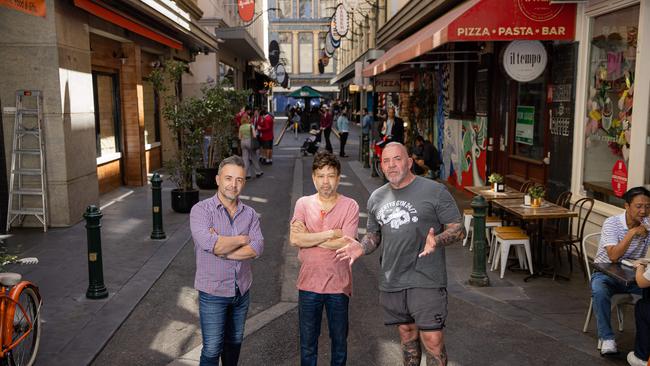 Traders Theo Roussos, Johnny Sandish and Tony Doherty are anxious about the prospect of a injecting room on their doorstop. Picture: Jason Edwards