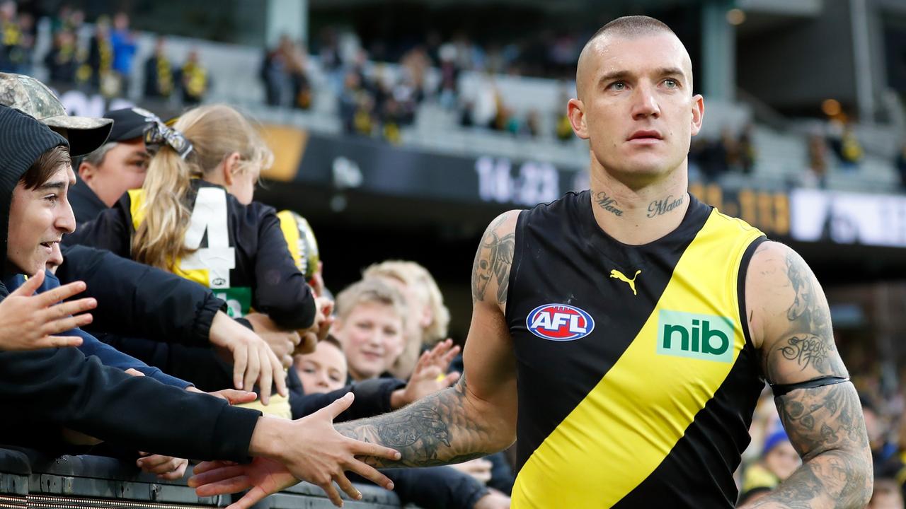 Dustin Martin with the Tiger army. Photo by Michael Willson/AFL Photos via Getty Images.