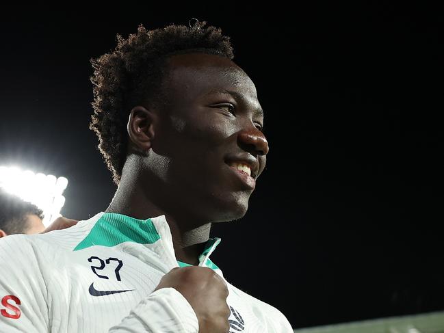 PERTH, AUSTRALIA - JUNE 10: Nestory Irankunda of Australia looks on before taking to the field during an Australia Socceroos press conference and training session at HBF Park on June 10, 2024 in Perth, Australia. (Photo by Paul Kane/Getty Images)