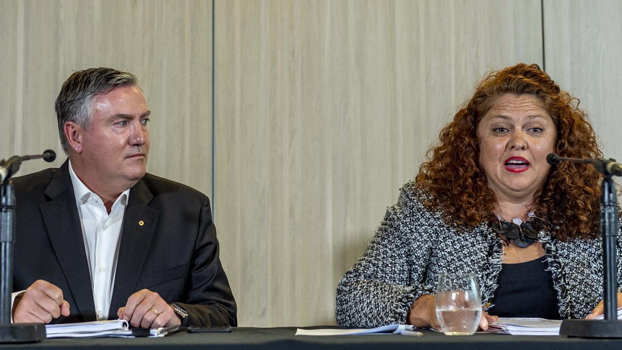 Former Magpies president Eddie McGuire and Collingwood board member Jodie Sizer speak to the media after the leaking of the ‘Do Better’ report. Picture: Jake Nowakowski