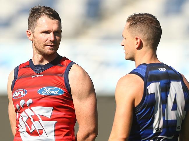GEELONG, AUSTRALIA - APRIL 02: Patrick Dangerfield and Joel Selwood of the Cats are seen talking to each other during a Geelong Cats AFL training session at GMHBA Stadium on April 02, 2021 in Geelong, Australia. (Photo by Mike Owen/Getty Images)
