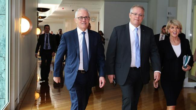 Malcolm Turnbull, Scott Morrison and Julie Bishop yesterday. Picture: Ray Strange.