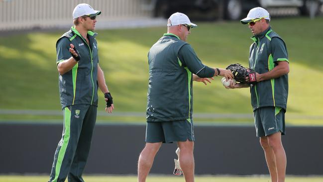 CWC: Australia training, Bellerive Oval. BYLINE: LUKE BOWDEN: (L-R): Shane Watson, Darren Lehmann and Greg Blewett at training
