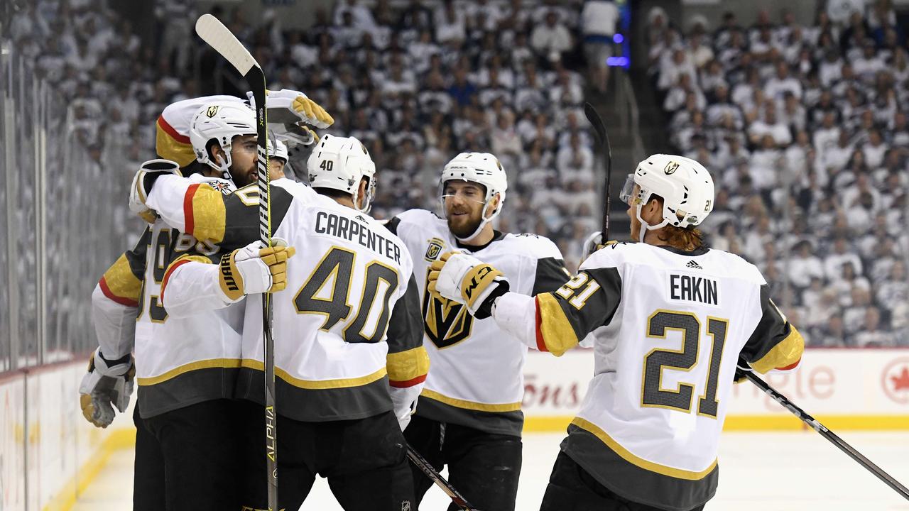 Alex Tuch of the Vegas Golden Knights celebrates with teammates after scoring against the Winnipeg Jets in Game Five of the Western Conference Finals.