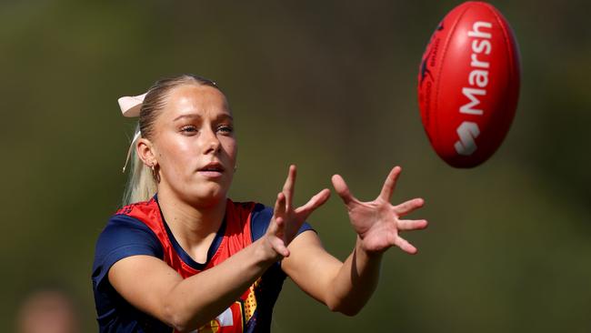 Bulldogs player Mikayla Antony warms up for the All-Stars before their exhibition match against the AFL National Academy Girls team last month. Picture: Josh Chadwick/AFL Photos/via Getty Images
