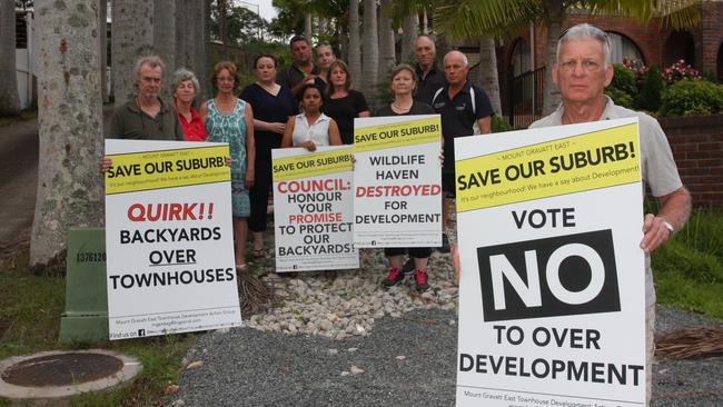 Residents rallying against the Mt Gravatt East development that Planning Minister Cameron Dick said could be protected by a TLPI. Picture: Kristy Muir 