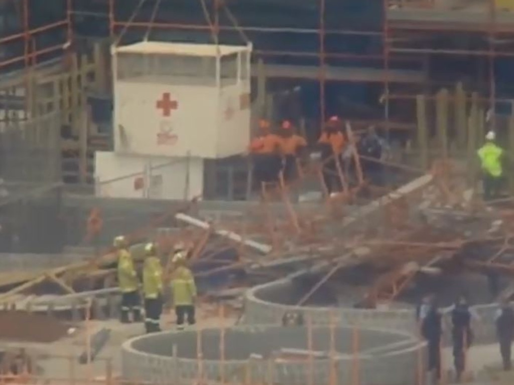 Vision of the scaffolding collapse at a building site in Macquarie Park in Sydney. Picture: Seven News 