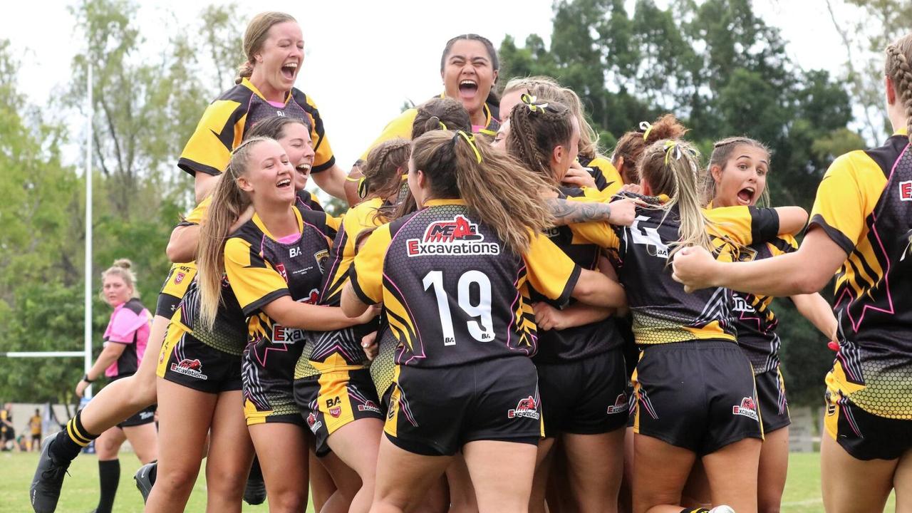 The Falcons 47th Battalion team celebrate after winning the final. Picture: Amanda Pearce/QRL