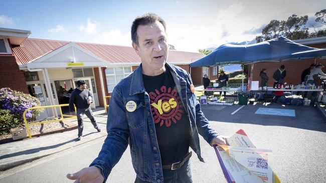 VOICEREF23, Yes 23 supporter Nic Fischer at Mount Nelson Primary School polling place at Mount Nelson, Tasmania. Picture: Chris Kidd