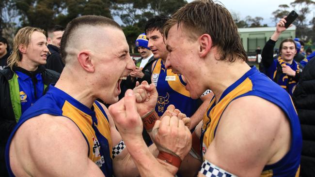 O’Leary celebrates with Bailey Lambert. Picture: Davis Harrigan