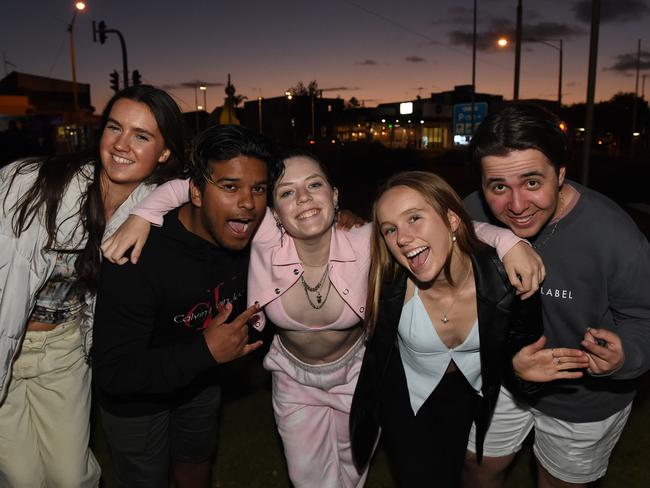 Schoolies Alex, Johnno, Georgia, Daisy and Luke during a night out on the Mornington Peninsula. Picture: Josie Hayden