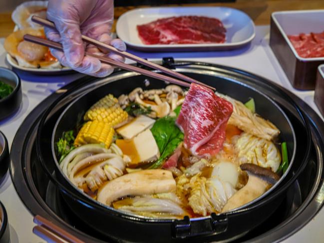 Hotpot at Moyashi with Wagyu beef. Picture: Jenifer Jagielski