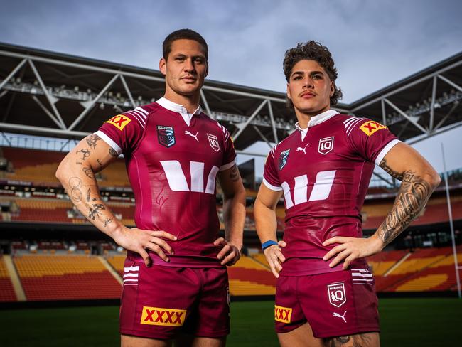 Queensland State of Origin players Kalyn Ponga and Reece Walsh at Suncorp Stadium ahead of the decider. Picture: Nigel Hallett