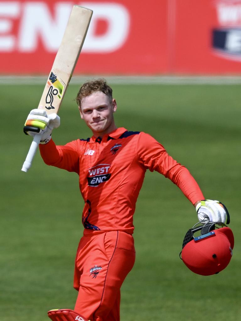 Jake Fraser-McGurk celebrates his ton off 29 balls. Picture: Mark Brake/Getty Images