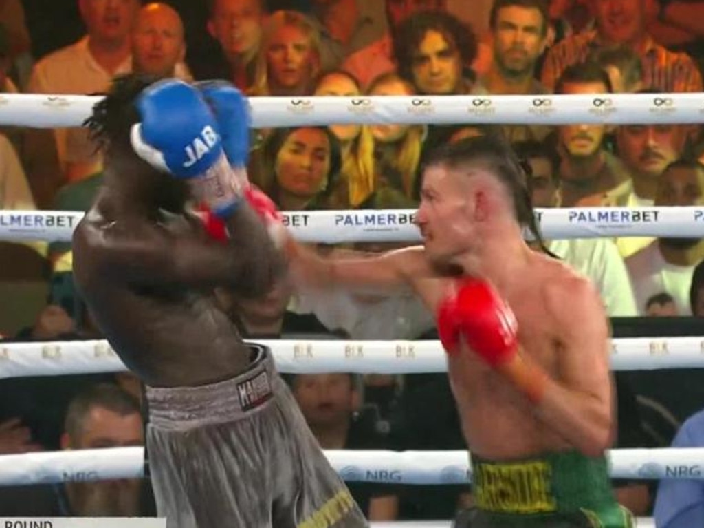 Harry Garside went on an attacking raid during the ninth round against Manuer Matet in Sydney. Photo: Fox Sports