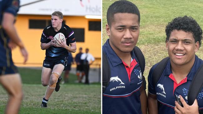 Caloundra‘s Brad Higgins and Redcliffe SHS stars Loka Toia and John Fineanganofo.