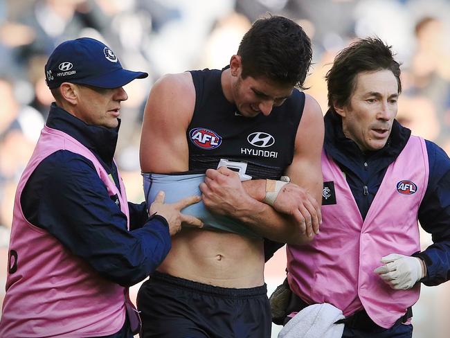Jacob Weitering was injured early against the Bombers. Picture: Wayne Ludbey