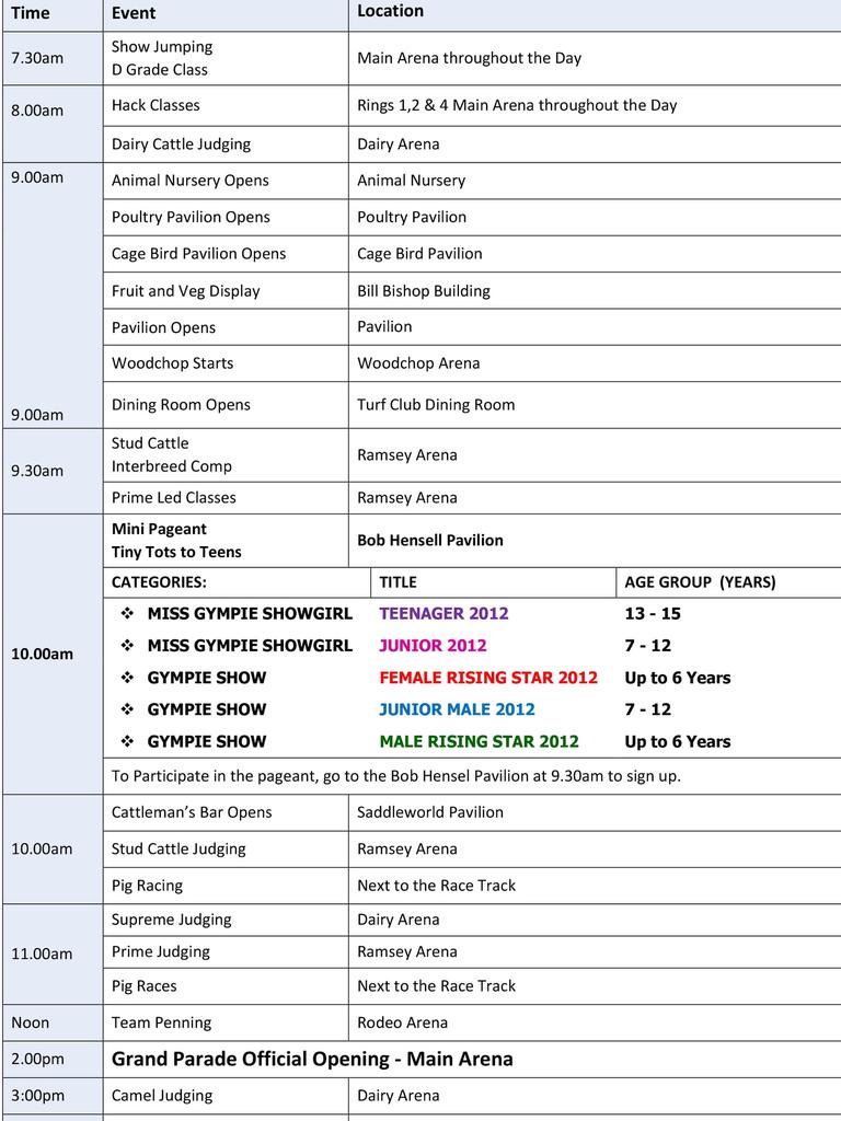 Friday Gympie Show schedule 2021