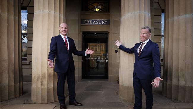 Treasurer Peter Gutwein and Premier Will Hodgman in front to the Treasury Building which under the 2018 Tasmanian state budget was to be sold. Picture: Richard Jupe