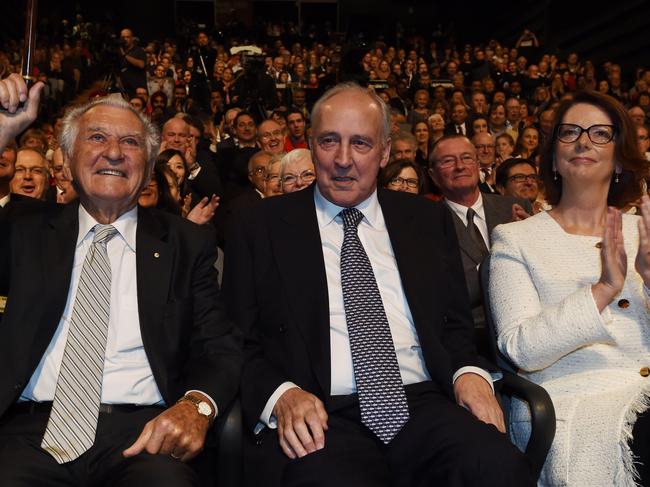 Bob Hawke with Paul Keating and Julia Gillard in 2016. Picture: Mick Tsikas-Pool/Getty Images