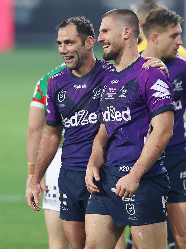 Melbourne Storm v South Sydney Rabbitohs at AAMI Park, Melbourne. 05/06/2020.  Melbourne Storm debutant Chris Lewis with skipper Cameron Smith after tonights win   . Pic: Michael Klein