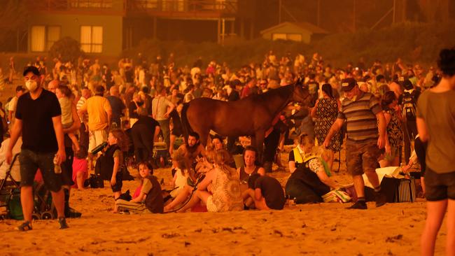 Locals seek refuge on the beach as bushfire arrives in Malua Bay NSW, just south of Batemans Bay, on New Year’s Eve. Picture: Alex Coppel.