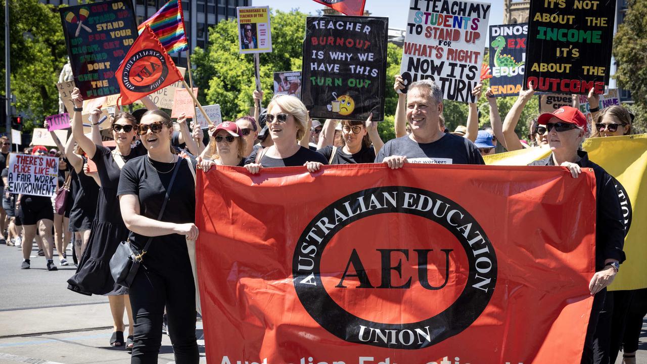 The protesters marched to the steps of Parliament House, led by AEU representatives. Picture: NCA NewsWire/ Emma Brasier