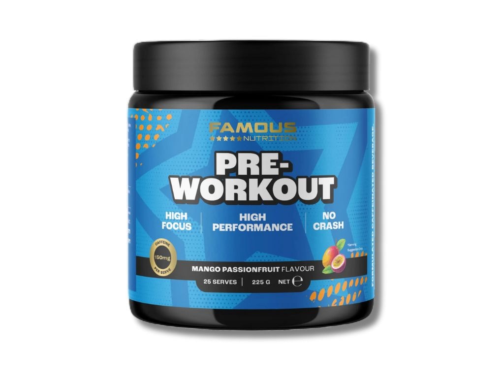 John’s current favourite pre-workout is this mango passionfruit flavour. Picture: Famous Nutrition