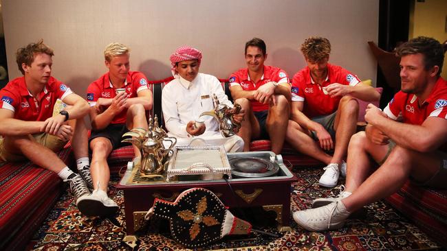 Callum Mills, Isaac Heeney, Josh Kennedy, Dane Rampe and Luke Parker having tea at the Argan Restaurant in Qatar. Picture: Phil Hillyard