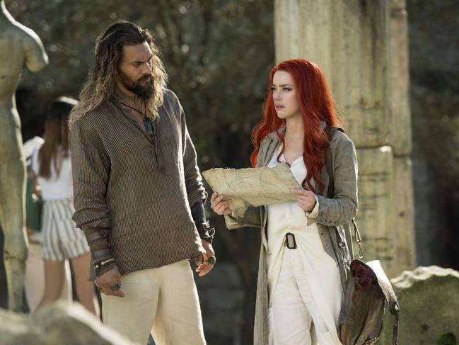 Arthur Curry (Jason Momoa) and Mera (Amber Heard) in a scene from Aquaman filmed on the Sicily/Italy set built at Coomera.