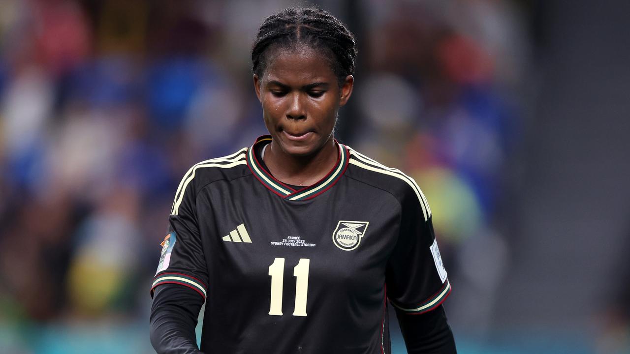 Khadija Shaw was sent off for Jamiaca in the dying minutes against France. (Photo by Robert Cianflone/Getty Images)