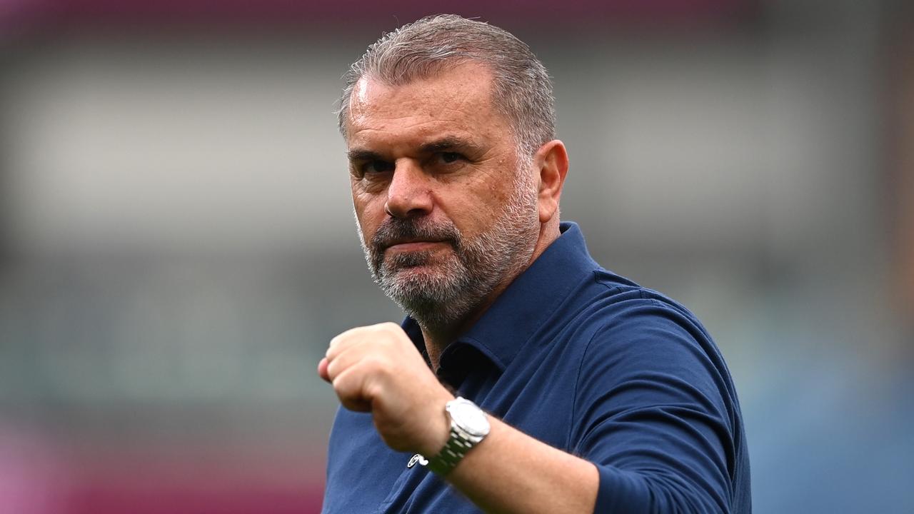 BURNLEY, ENGLAND - SEPTEMBER 02: Ange Postecoglou, Manager of Tottenham Hotspur, celebrates his team's victory after the Premier League match between Burnley FC and Tottenham Hotspur at Turf Moor on September 02, 2023 in Burnley, England. (Photo by Gareth Copley/Getty Images)